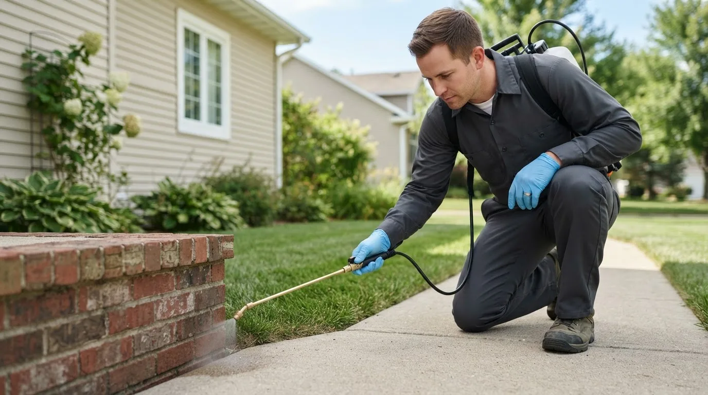 Pest control technician treating a home near New Haven, IN